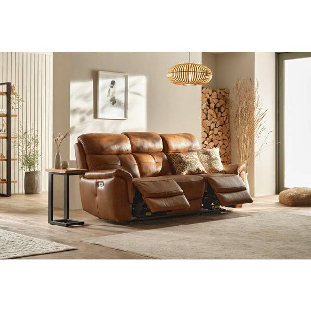 Virgo Cognac Leather Sofas - 3 Seater Electric Recliner Sofa with Power Headrests - Iver Range - Oak Furnitureland