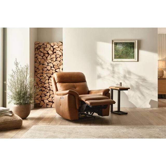 Virgo Cognac Leather Sofas - Electric Recliner Armchair with Power Headrest - Iver Range - Oak Furnitureland