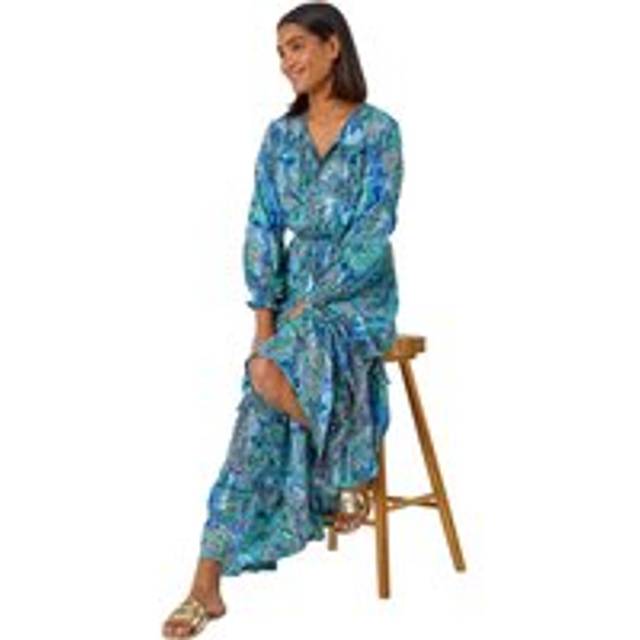 Paisley Print Tassel Frill Hem Maxi Dress - Blue - 18