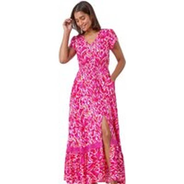 Abstract Print Shirred Waist Maxi Dress - Pink - Size 12 - Roman