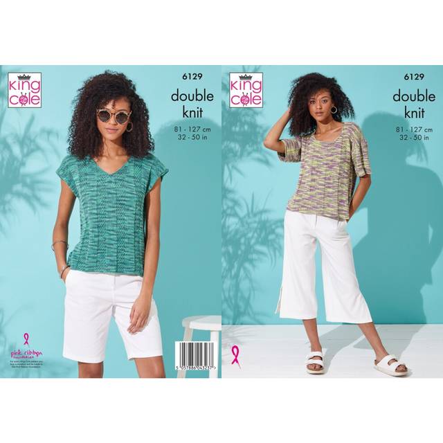 King Cole 6129 DK Knitting Pattern Womens V Neck and Round Neck Tops