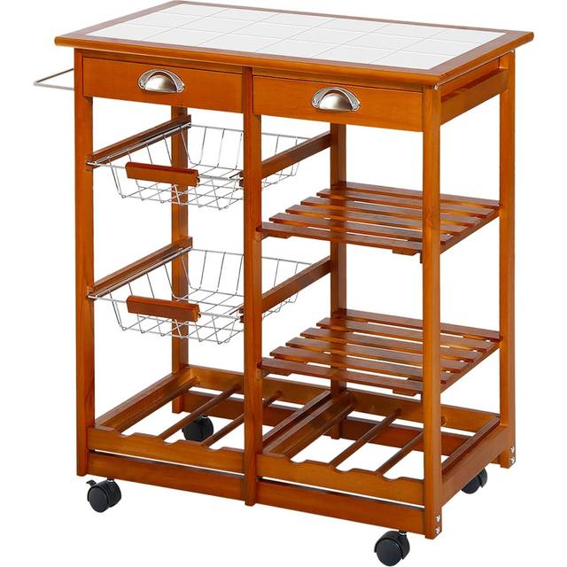 HOMCOM Wooden Kitchen Trolley Cart Portable Rolling Tile Top W/6-Bottle Wine Rack Island Butcher Fruit Storage Drawer | TJ Hughes