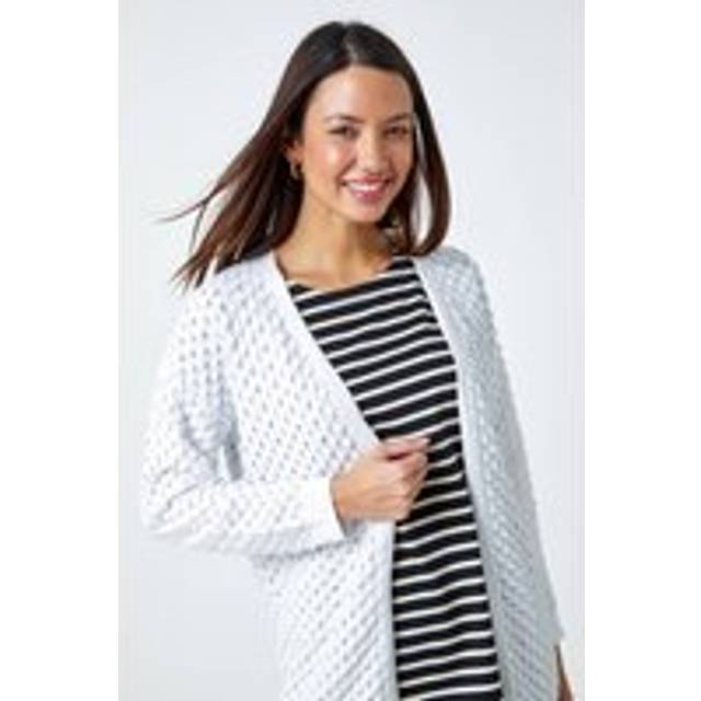 Roman White Cotton Blend Waffle Knit Cardigan - Size 18