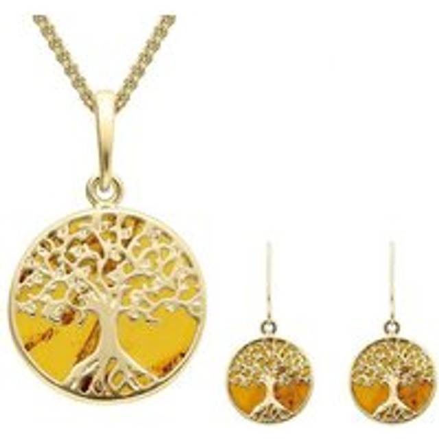9ct Yellow Gold Amber Small Round Tree of Life Two Piece Set