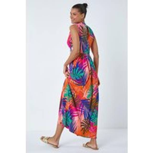 Tropical Gathered Stretch Wrap Maxi Dress - Pink - 14