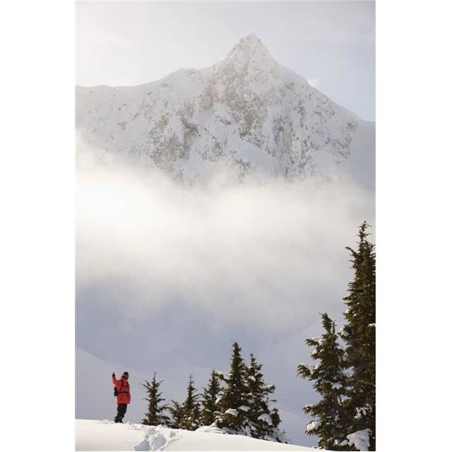 Snowboarder on A Ridge with Scenic Mountains & Fog in The Background Haines Southeast Alaska Poster Print - 12 x 19 in.