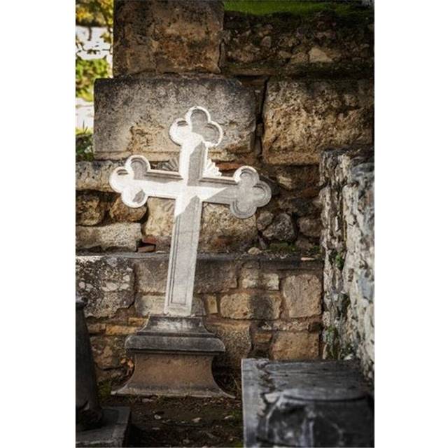 White Cross & Stone Wall Church of The Holy Apostles - Athens Greece Poster Print by Reynold Mainse, 12 x 19