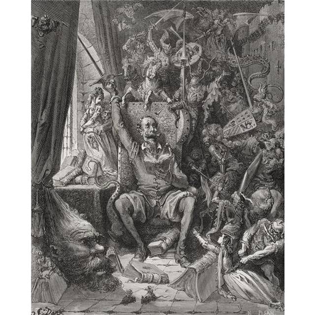 Engraving by Gustave Dore 1832-1883 French Artist & Illustrator of Don Quixote Amongst His Books In His Library From D Poster Print, 13 x 16