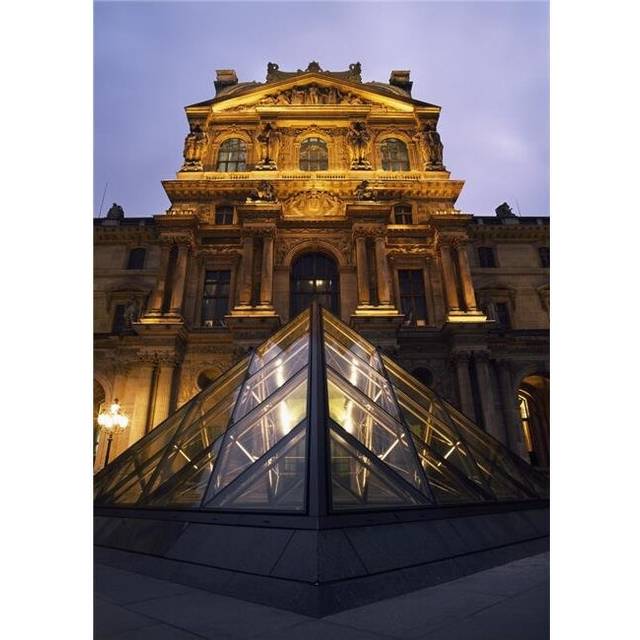 Small Glass Pyramid Outside The Louvre Museum At Dusk Poster Print, 12 x 16