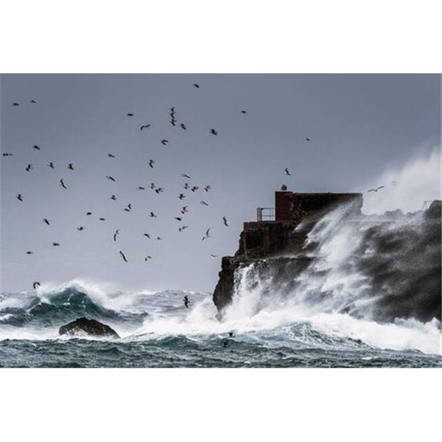 Waves Crashing Against The Rugged Rock Coastline As Birds Fly Overhead Against A Poster Print by Ben Welsh, 38 x 24 - Large