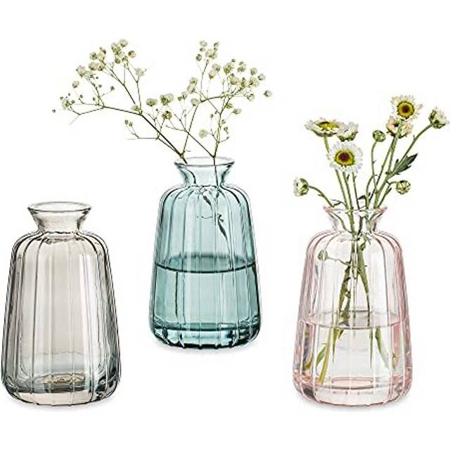 Glass Vases for Flowers Small Vase for Table Decoration, 3Pcs Vintage Bud Vases Coloured Ribbed Mini Vase Set for Kawaii Living Room Decor Bedroom