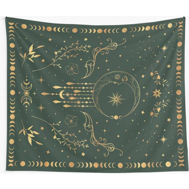 Tapestry 60x50inch Sage green and gold Celestial crescent moon with floral accents and moon phase tie dye Wall Hanging Art DÃ©cor Living Room