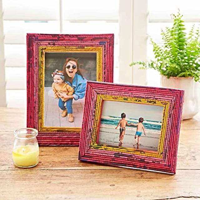 Recycled Newspaper Photo Frame - Red/Pink/Yellow | 6 x 4 Inches | Sustainable Picture Frame | Handmade Colourful Frames | Fair Trade Gifts for Men and