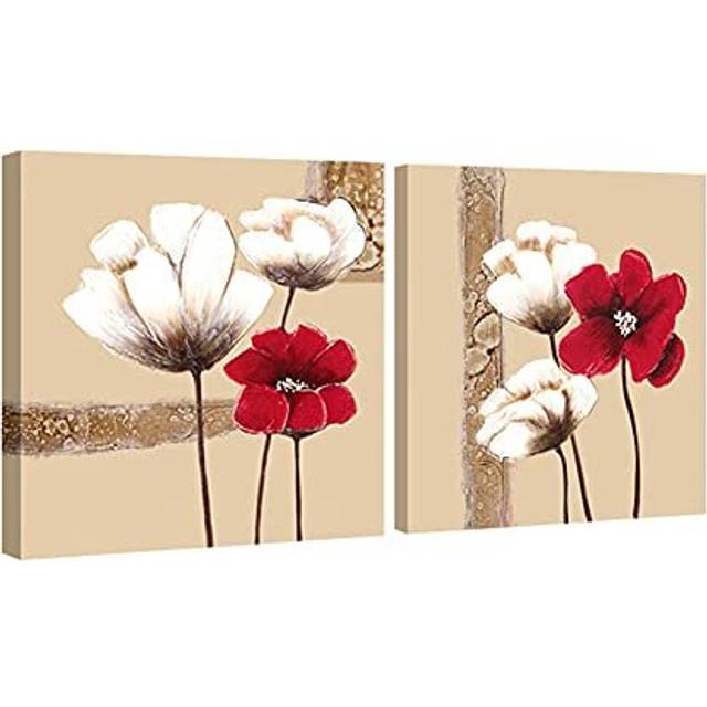- Red and White Flowers Modern Framed Giclee Canvas Prints Artwork 2 Panels Abstract Floral Oil Paintings Style Pictures Photo Printed on Canvas Wall