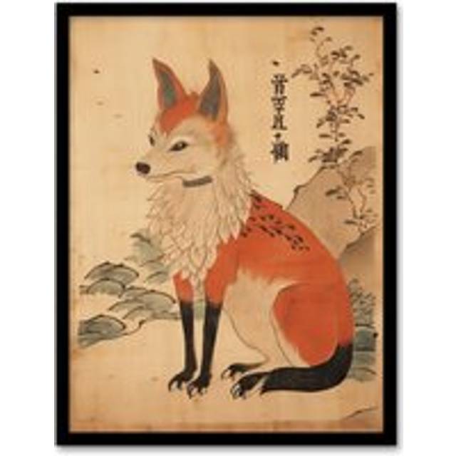 Wall Art Print Edo Period Kitsune Red Fox Portrait Simple Japanese Ukiyo-e Style Painting Artwork Framed - Beige - A4
