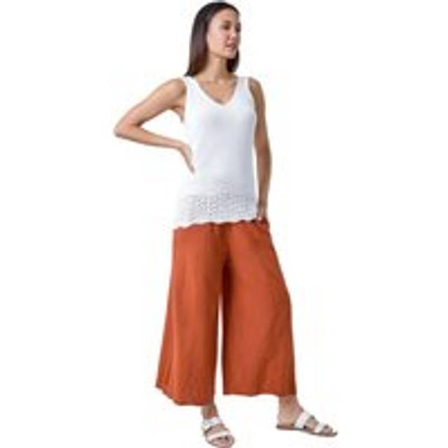 Linen Blend Stretch Waist Culottes - Rust - M