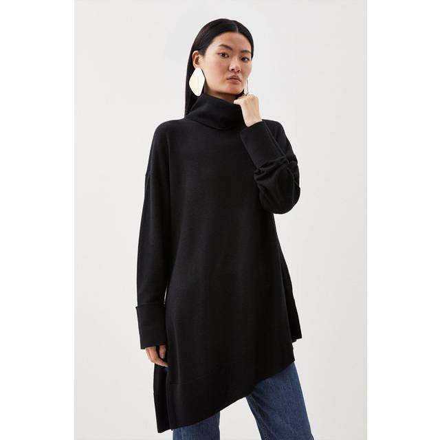 Merino Wool Asymmetric Funnel Neck Knit Jumper - Black