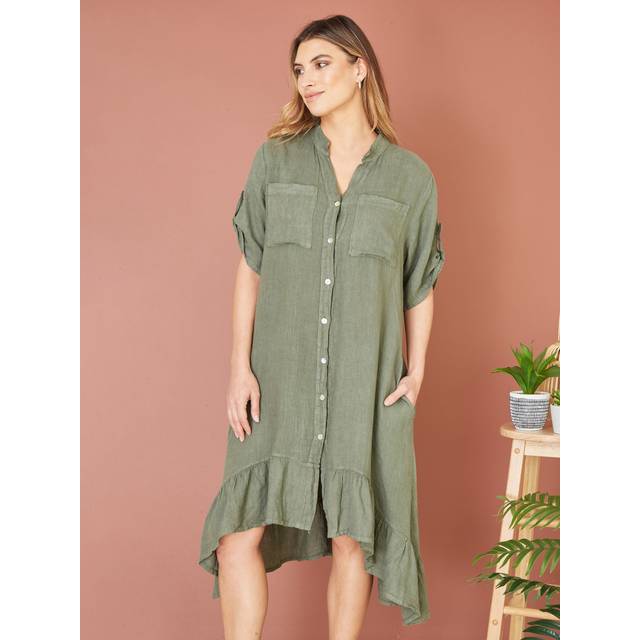 Yumi Linen Frill Hem Shirt Dress