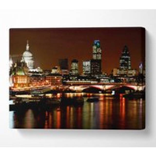 London Thames Night Lights Canvas Print Wall Art - Yellow / 101.6cm