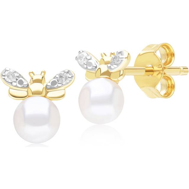 Honeycomb Inspired Pearl and Diamond Bee Stud Earrings in 9ct Yellow Gold
