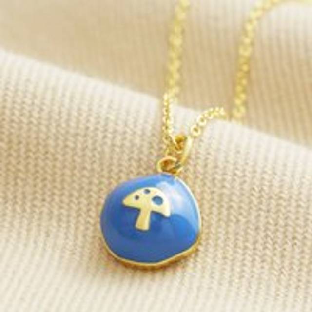 Blue Enamel Organic Mushroom Pendant Necklace in Gold - blue/gold - one size