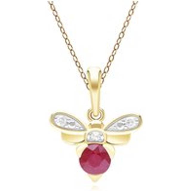 Honeycomb Inspired Ruby and Diamond Bee Pendant Necklace in 9ct Yellow Gold