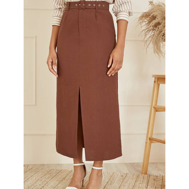 Yumi Womens Brown Cotton Midi Skirt With Belt And Split Hem - Size 12 UK