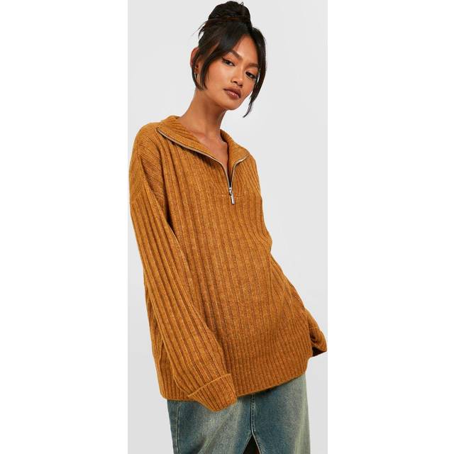 Womens Soft Wide Rib Knit Half Zip Funnel Neck Jumper - Beige - S