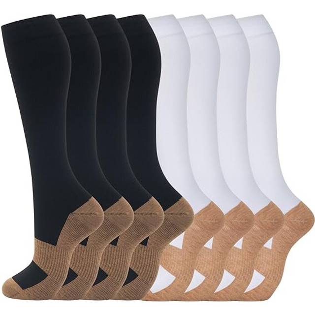8 Pairs Compression Socks for Men & Women 20-30 mmHg Knee High Nurse Pregnant Running Medical and Travel Athletic-black/White Copper/L-XL