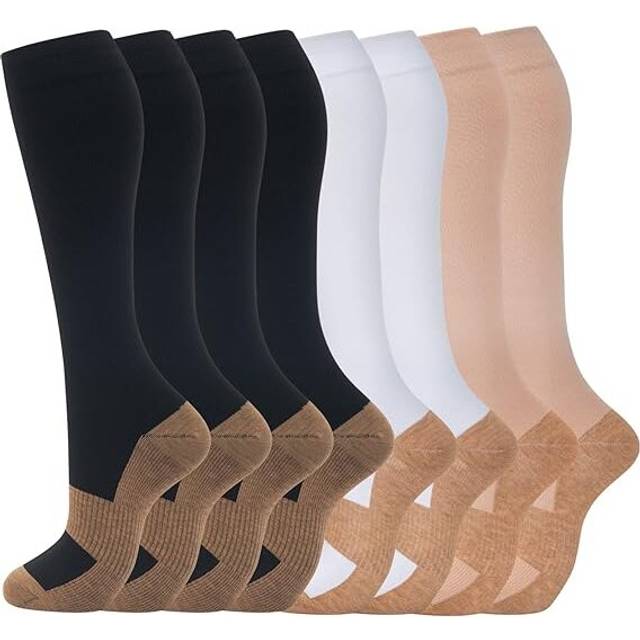 8 Pairs Compression Socks for Men & Women 20-30 mmHg Knee High Nurse Pregnant Running Medical and Travel Athletic-black/White/Nude Copper/S-M