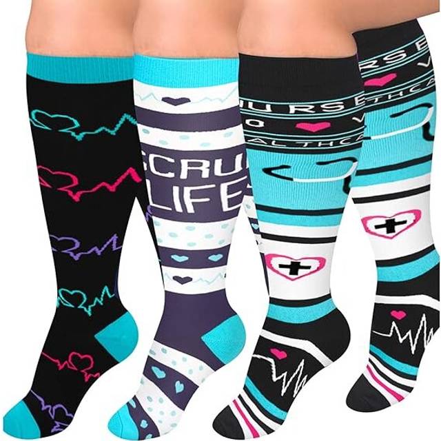 3 Pairs Plus Size Compression Socks for Women and Men Wide Calf 20-30mmhg Extra Large Knee High Support for Circulation-Black/Blue/Green-4X-Large