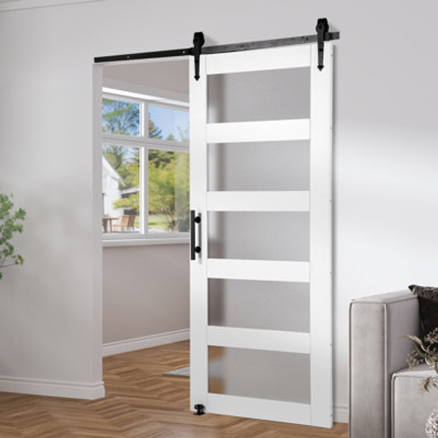 Barn Door and Hardware Kit, 30' x 84' Wood and Glass Sliding Barn Door, Smoothly and Quietly, Barn Door Kit with 8-in-1 Floor Guide and Door Handle,