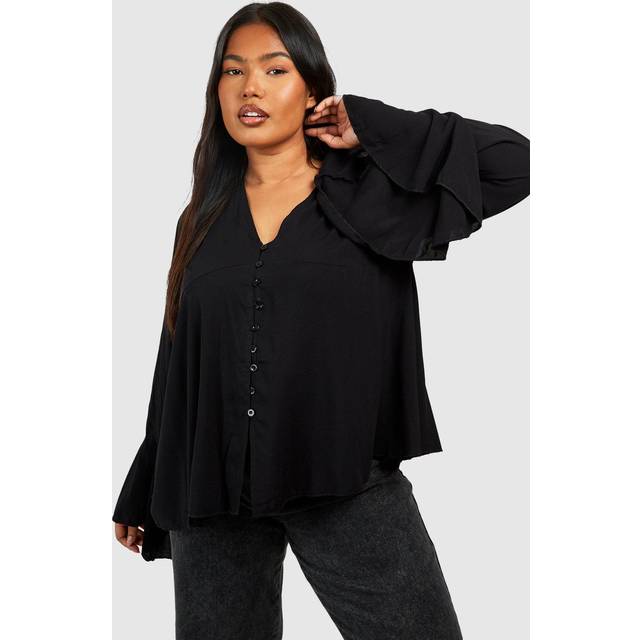 Womens Plus Button Detail Plunge Flare Sleeve Blouse - Black - 16