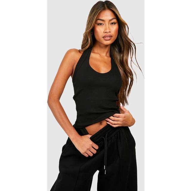 Womens Rib Thick Binding Halter Neck Vest - Black - 14