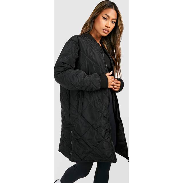 Womens Longline Quilted Bomber Jacket - Black - 12