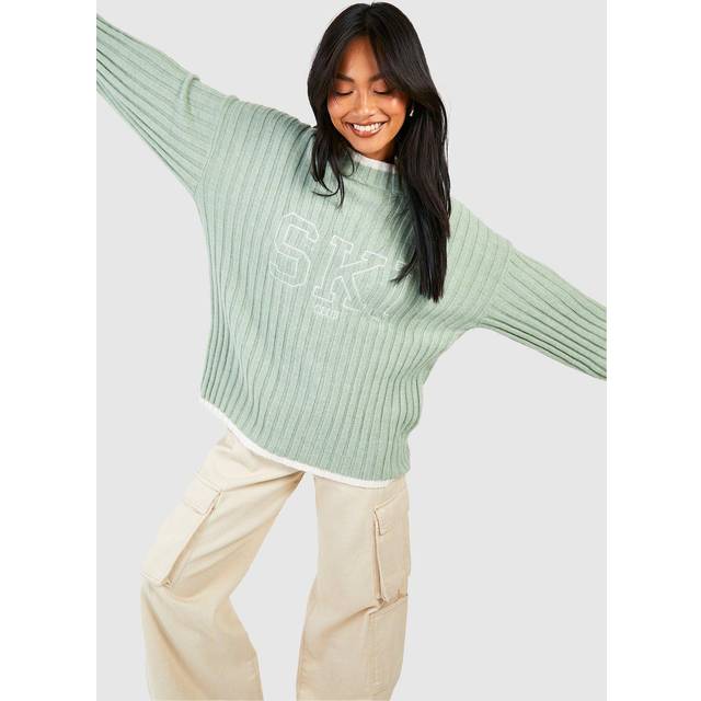 Womens Ski Club Soft Rib Knit Oversized Jumper - Green - L, Green