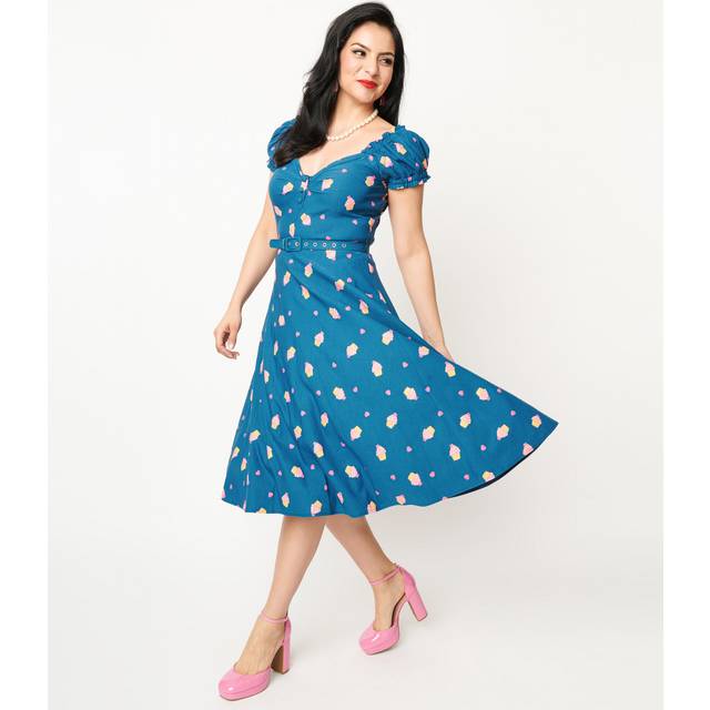 Unique Vintage 1950S Teal & Cupcake Stamp Ohara Swing Dress - Large/10-12