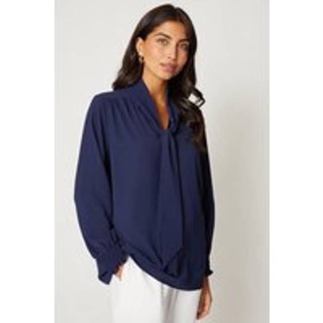 Womens Tie Neck Shirred Cuff Top - Navy - 14