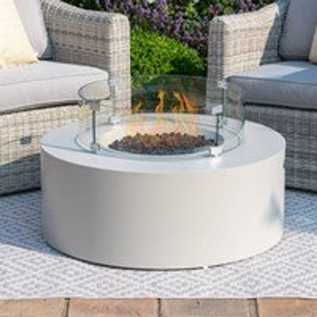 Maze Rattan Round Gas Fire Pit Coffee Table - Pebble White