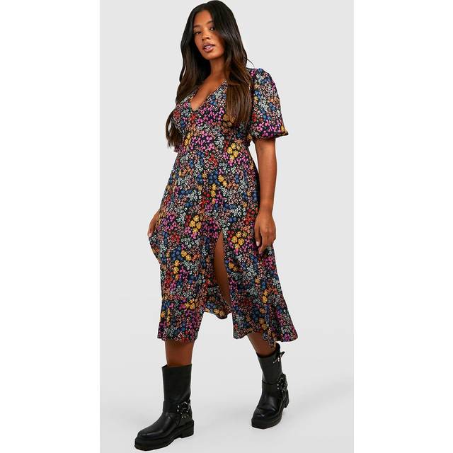 Womens Plus Floral Print Midi Smock Dress - Black - 26