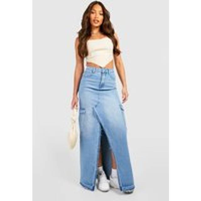 Womens Tall Cargo Split Front Frayed Denim Maxi Skirt - Blue - 8, Blue
