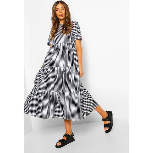Womens Cotton Gingham Midaxi Smock Dress - Black - 14