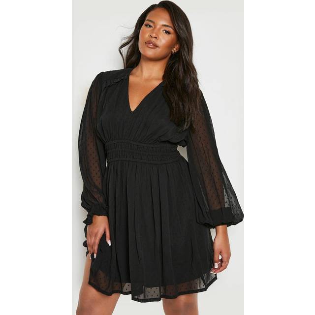 Womens Plus Dobby Long Sleeve Skater Dress - Black - 28