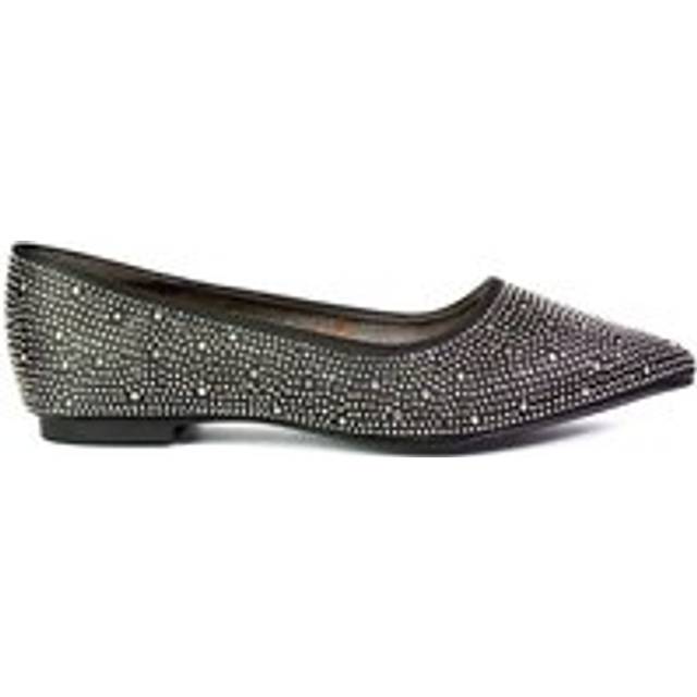 'Marshall' Bridal Shoes Flat Pointed Toe Sparkly Rhinestones Ballerina - Black - 5