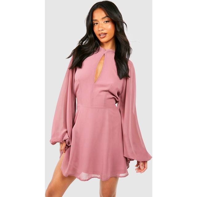 Womens Petite High Neck Volume Sleeve Skater Dress - Pink - 14, Pink