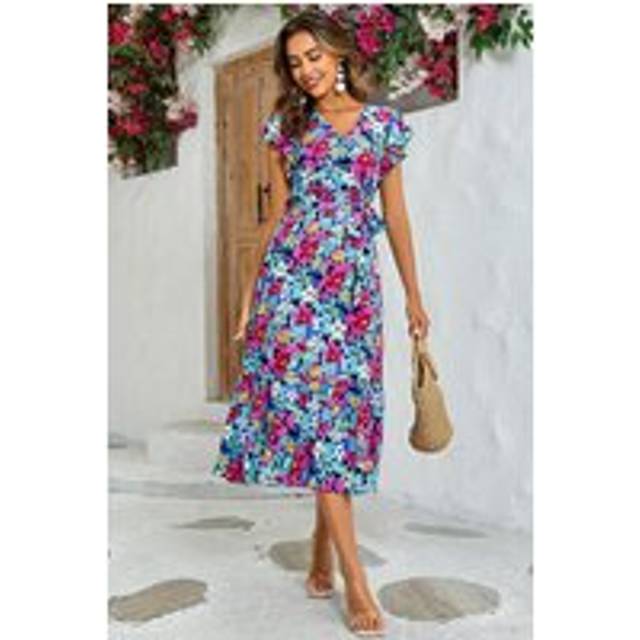 Multi Colour Floral Print Wrap Top Dress In Navy - XS