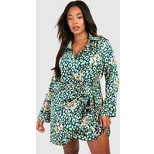 Womens Plus Satin Leopard Print Drape Wrap Shirt Dress - Multi - 28, Multi