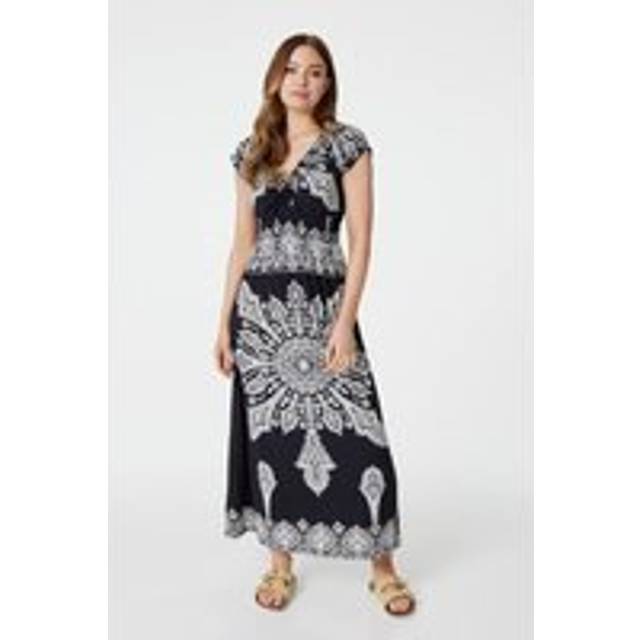 Mosaic Print Cap Sleeve Maxi Dress - Black - Size 8 - Izabel London
