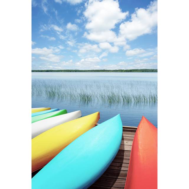 Canoes and Lake - Wrapped Canvas Art Prints - Blue (30cm H x 20cm W x 3.8cm D)