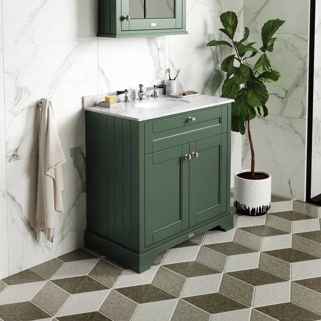 Old London Floor Standing 2 Door Vanity Unit With 1 Tap Hole White Marble Top 1000Mm - Hunter Green